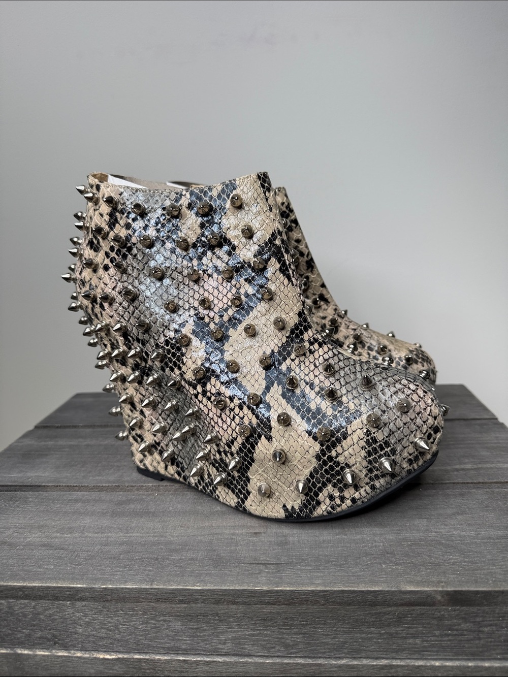 Privileged Snake-Print Stud Spike Wedge Ankle Boots in Beige and Black